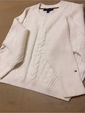 Tommy Hilfiger White Cable‑Knit Crew Sweater Womens Medium